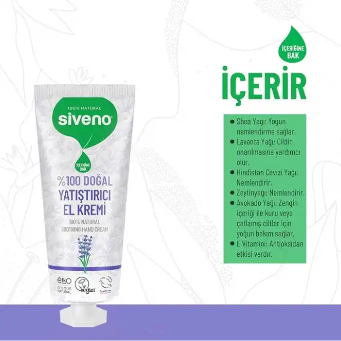 Siveno%100 Doğal El ve Vücut Kremi Lavanta Cilt Yatıştırıcı Onarıcı Yoğun Nemlendirici Vegan 30 ml