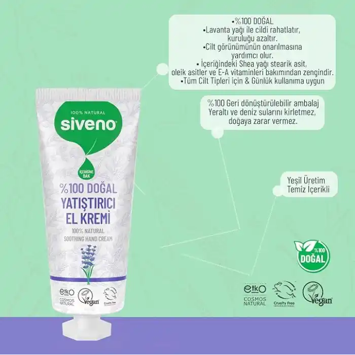 Siveno%100 Doğal El ve Vücut Kremi Lavanta Cilt Yatıştırıcı Onarıcı Yoğun Nemlendirici Vegan 30 ml