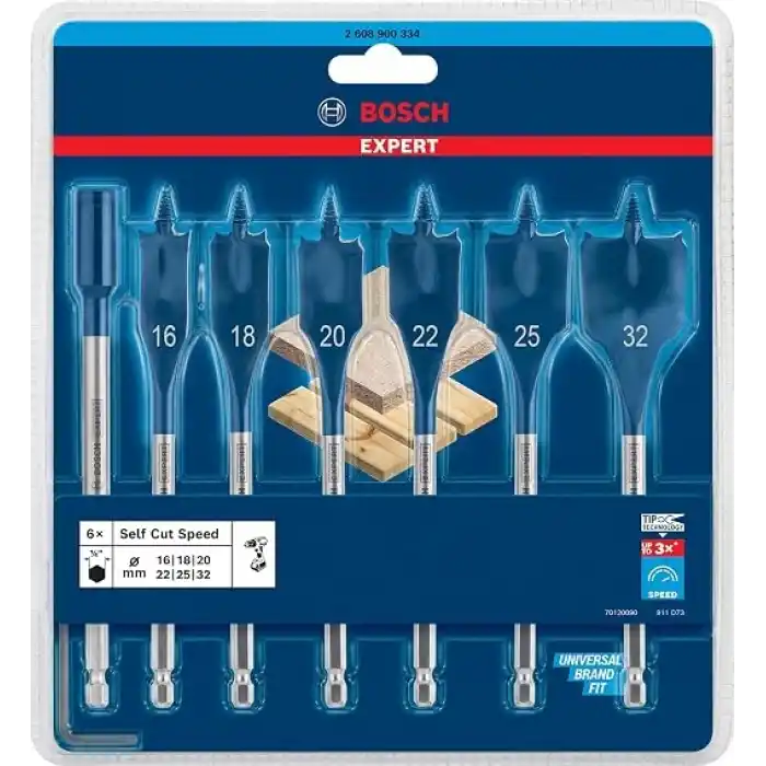 Bosch 7 x Expert Self Cut Speed yassı freze matkap seti (yumuşak ahşap, sunta, çap 16 – 32 mm, profesyonel aksesuar, matkap/tornavida için)