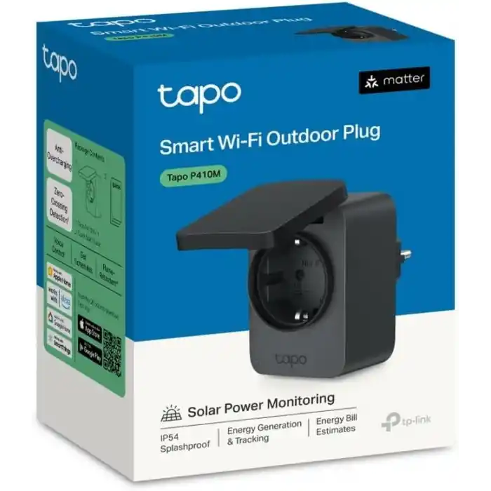 TP-Link Tapo P410M Akıllı Dış Mekan Wi-Fi Priz, Matter Sertifikalı, IP54 Su Sıçramasına Dayanıklı, V-0 Alev Geciktirici Malzeme, 16A, 2.4 GHz