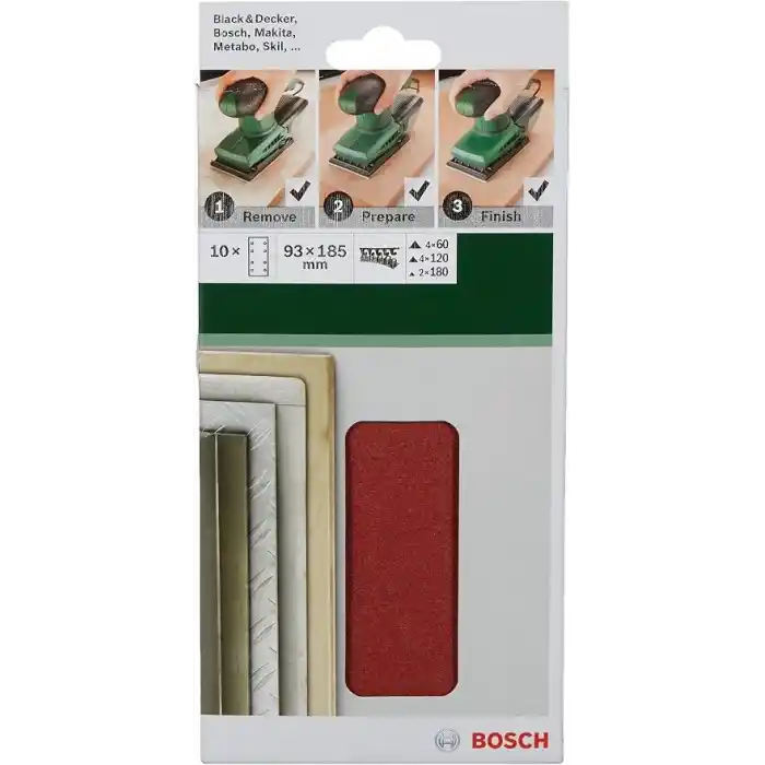 Bosch Home and Garden, Titreşimli Zımpara Kağıdı 10lu Set, 93, 185 mm 60/120/180 Kum 8 Delik, Gri