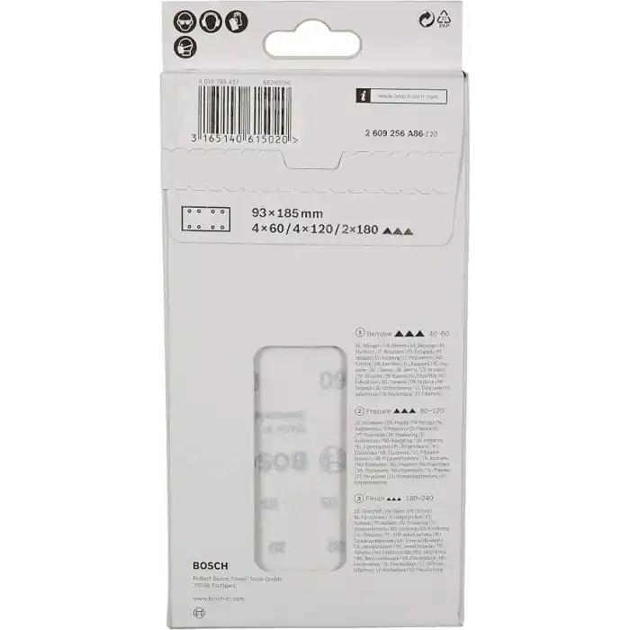 Bosch Home and Garden, Titreşimli Zımpara Kağıdı 10lu Set, 93, 185 mm 60/120/180 Kum 8 Delik, Gri