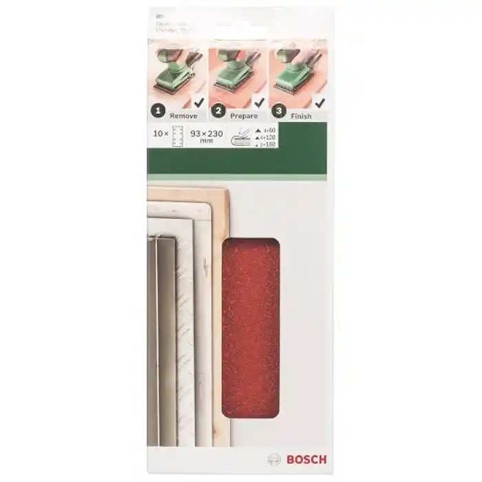 Bosch Home and Garden Bosch 10 parçalı zımpara kağıdı seti (farklı malzemeler için, 93 x 230 mm, granülasyon 60/120/180)