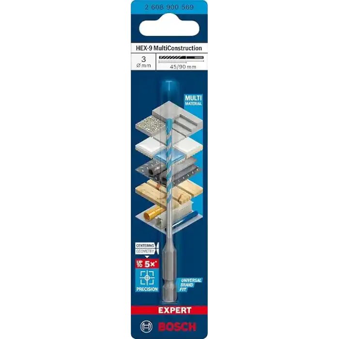 Bosch Professional 1x EXPERT HEX-9 MultiConstruction Delme Uçları (Beton, Yumuşak döşemeler, Çelik, Yumuşak ahşap, Plastik, Ø 3,00x90 mm, Aksesuar Döner Matkap/Vidalamalar)
