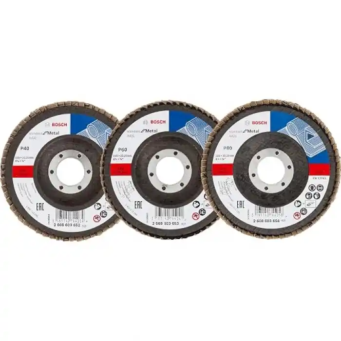 Bosch Professional 3 Adet Flap Disk Seti X431 Standard for Metal, Çelik ve Paslanmaz Çelik Taşlama için, Açılı, 115 mm, Kum Kalınlığı 40/60/80, Küçük Avuç Taşlama Makineleri için Uygundur