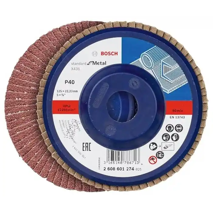 Bosch Professional 3 Adet Flap Disk Seti X431 Standard for Metal, Çelik ve Paslanmaz Çelik Taşlama için, Açılı, 115 mm, Kum Kalınlığı 40/60/80, Küçük Avuç Taşlama Makineleri için Uygundur