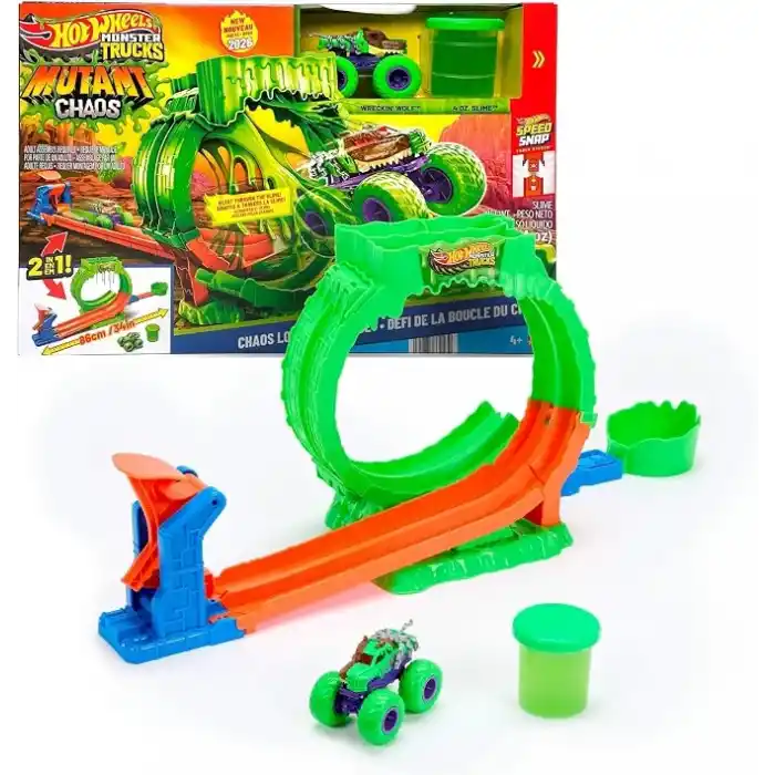 Hot Wheels Monster Trucks Mutant Kaosu Çemberde Yarış Oyun Seti, 1:64 ölçekli Wreckin Wolf, 110 gramlık Slime, 2 oynama şekli, JMK91
