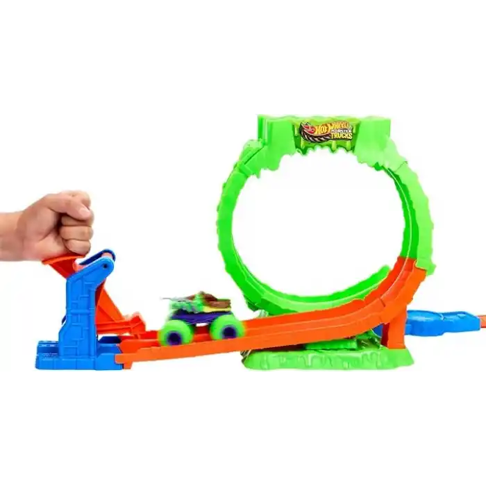 Hot Wheels Monster Trucks Mutant Kaosu Çemberde Yarış Oyun Seti, 1:64 ölçekli Wreckin Wolf, 110 gramlık Slime, 2 oynama şekli, JMK91