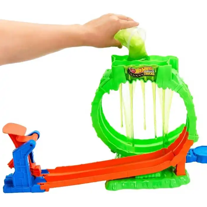 Hot Wheels Monster Trucks Mutant Kaosu Çemberde Yarış Oyun Seti, 1:64 ölçekli Wreckin Wolf, 110 gramlık Slime, 2 oynama şekli, JMK91
