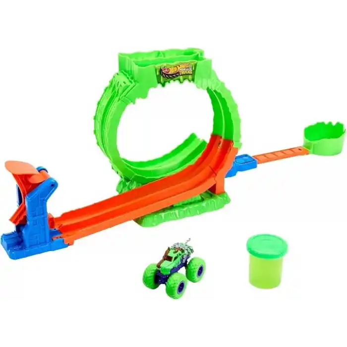 Hot Wheels Monster Trucks Mutant Kaosu Çemberde Yarış Oyun Seti, 1:64 ölçekli Wreckin Wolf, 110 gramlık Slime, 2 oynama şekli, JMK91