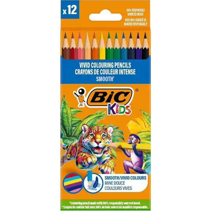 BIC Smooth Ahşap Kuru Boya Kalemi 12 Renk, Ahşap Kuru Boya,Altıgen Gövde, 5 Yaş Üzeri için İdeal, Canlı Renkler
