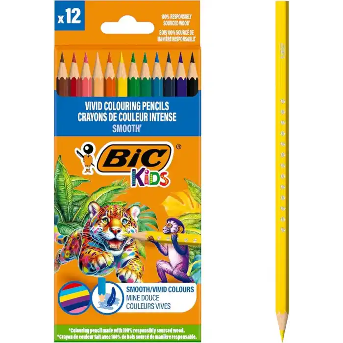 BIC Smooth Ahşap Kuru Boya Kalemi 12 Renk, Ahşap Kuru Boya,Altıgen Gövde, 5 Yaş Üzeri için İdeal, Canlı Renkler
