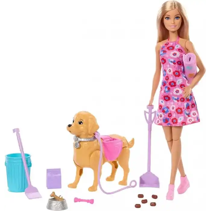 Barbie ve Köpekçiğin Yürüyüş Zamanı oyuncak seti, yürüyen ve tuvaletini yapan oyuncak köpek, Barbie Malibu bebek, kürek ve evcil hayvan aksesuarları, JJB46