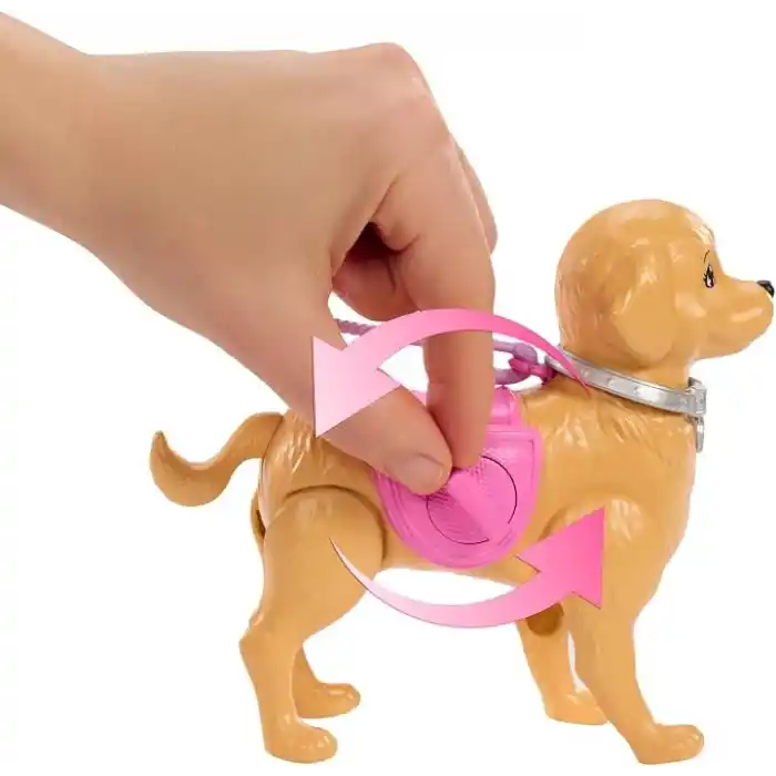 Barbie ve Köpekçiğin Yürüyüş Zamanı oyuncak seti, yürüyen ve tuvaletini yapan oyuncak köpek, Barbie Malibu bebek, kürek ve evcil hayvan aksesuarları, JJB46