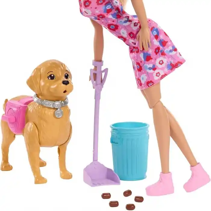 Barbie ve Köpekçiğin Yürüyüş Zamanı oyuncak seti, yürüyen ve tuvaletini yapan oyuncak köpek, Barbie Malibu bebek, kürek ve evcil hayvan aksesuarları, JJB46