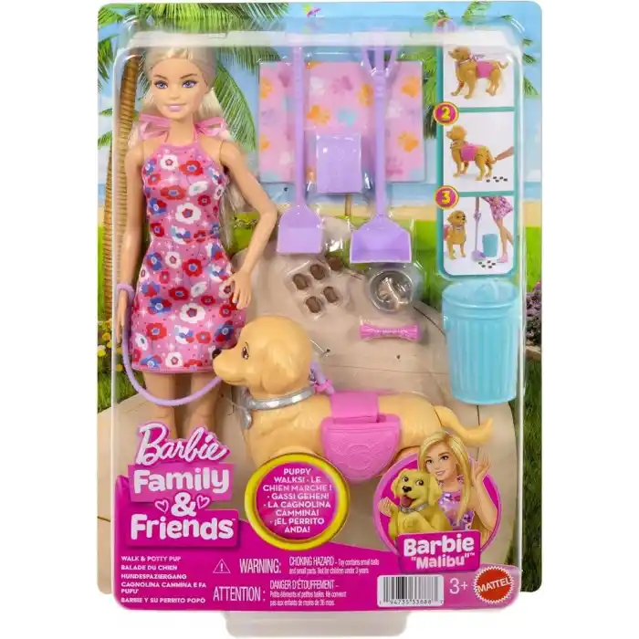 Barbie ve Köpekçiğin Yürüyüş Zamanı oyuncak seti, yürüyen ve tuvaletini yapan oyuncak köpek, Barbie Malibu bebek, kürek ve evcil hayvan aksesuarları, JJB46