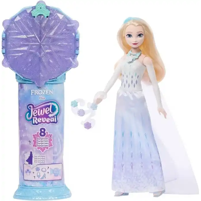 Filmden ilham alan Mattel Disney Karlar Ülkesi Elsa bebek, aksesuarlar, kar tanesi şeklinde değerli taş kutusu ile çocuk yüzüğü dahil 8 sürpriz ve 9 oyun parçası, JJY36