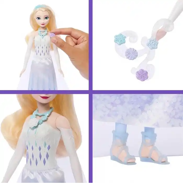 Filmden ilham alan Mattel Disney Karlar Ülkesi Elsa bebek, aksesuarlar, kar tanesi şeklinde değerli taş kutusu ile çocuk yüzüğü dahil 8 sürpriz ve 9 oyun parçası, JJY36