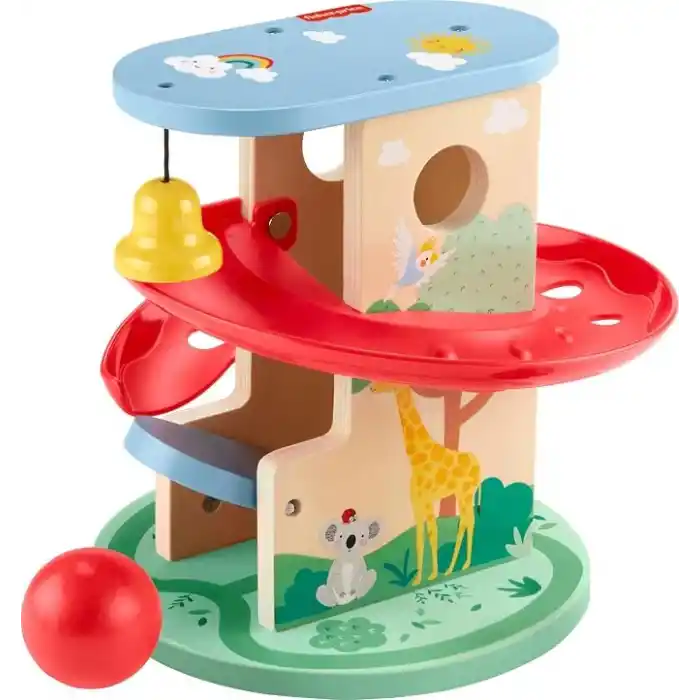 Fisher-Price 9 aydan büyük bebekler ile yürüme çağındaki çocuklar için 2 ahşap parçadan oluşan gelişime yardımcı Ahşap Ağaçev Top Kaydırağı, HXT92