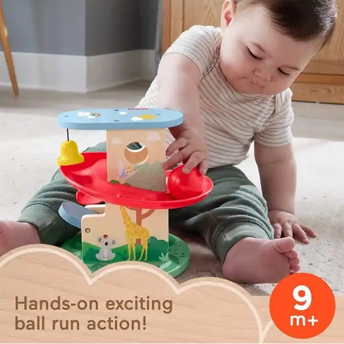 Fisher-Price 9 aydan büyük bebekler ile yürüme çağındaki çocuklar için 2 ahşap parçadan oluşan gelişime yardımcı Ahşap Ağaçev Top Kaydırağı, HXT92