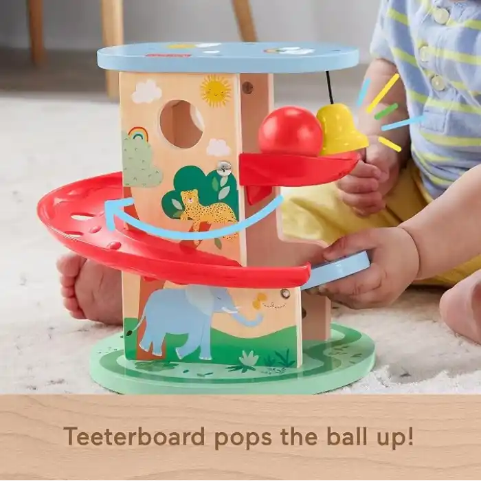 Fisher-Price 9 aydan büyük bebekler ile yürüme çağındaki çocuklar için 2 ahşap parçadan oluşan gelişime yardımcı Ahşap Ağaçev Top Kaydırağı, HXT92