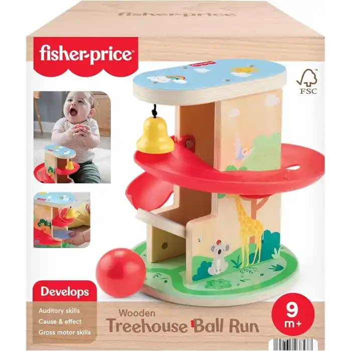 Fisher-Price 9 aydan büyük bebekler ile yürüme çağındaki çocuklar için 2 ahşap parçadan oluşan gelişime yardımcı Ahşap Ağaçev Top Kaydırağı, HXT92