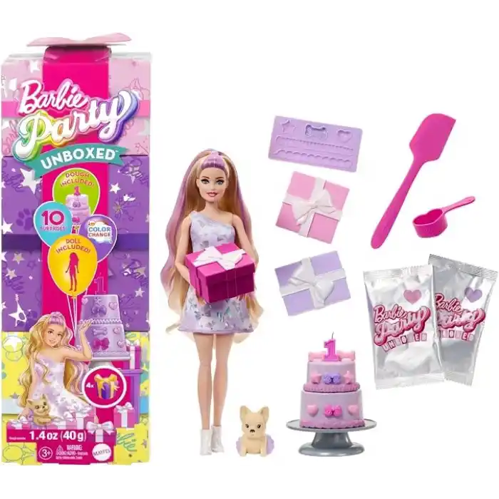 Barbie Parti Paketi bebek ve aksesuarlar, Minik Dostumun Doğum Günü serisi Doğum Günü Fiyonkları seti ve renk değişimi ile pasta süsleme etkinliği dahil 10 sürpriz, JFG70