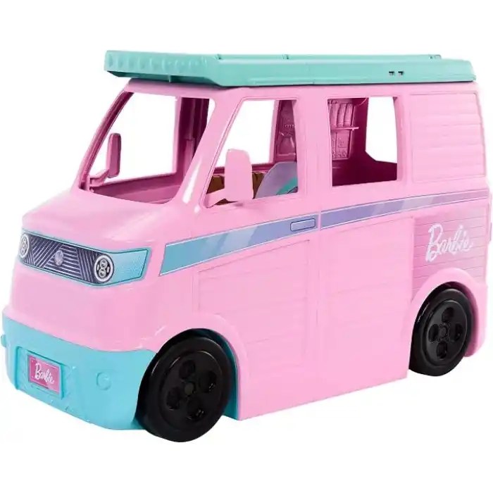 Barbie Rüyalar Ülkesi Yol Macerası Karavan, 4 oyun alanı, mutfak, yatak, marshmallow kızartma çubukları, kamp ateşi, köpek figürü ve 20 aksesuar, JMK45