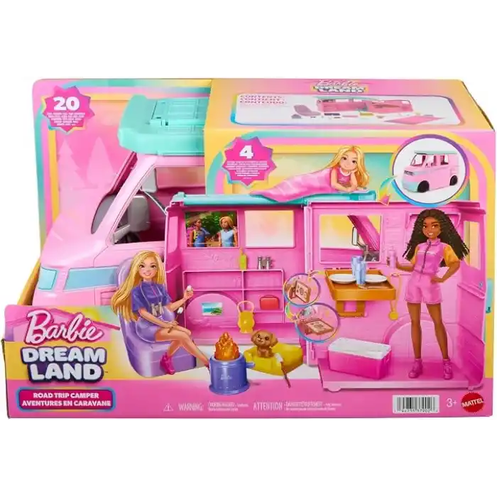 Barbie Rüyalar Ülkesi Yol Macerası Karavan, 4 oyun alanı, mutfak, yatak, marshmallow kızartma çubukları, kamp ateşi, köpek figürü ve 20 aksesuar, JMK45