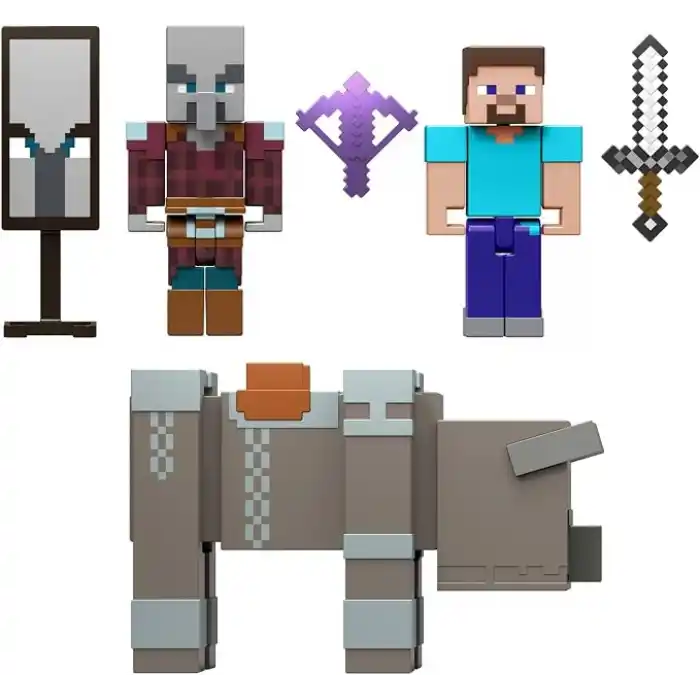 8 cmlik koleksiyona uygun Mattel Minecraft Köy Baskını Paketi, Steve dahil 3 aksiyon figürü ve aksesuarlar, JJT18
