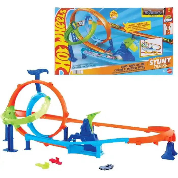 Hot Wheels Akrobasi Pistleri Dolambaçlı Hız Pisti oyuncak araba, pist ve oyun seti, 1:64 ölçekli metal araç, 2 çember ve 2 çarpışma alanı, kolayca birleştirilebilen sistem, JHK73