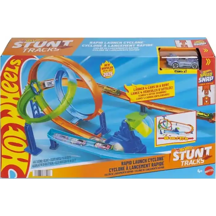 Hot Wheels Akrobasi Pistleri Dolambaçlı Hız Pisti oyuncak araba, pist ve oyun seti, 1:64 ölçekli metal araç, 2 çember ve 2 çarpışma alanı, kolayca birleştirilebilen sistem, JHK73