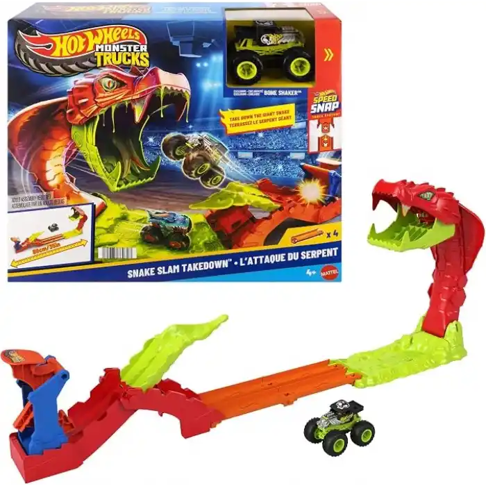 Hot WheelsMonster Trucks Snake Bite Güç Darbesi Oyun Seti, 1:64 ölçekli özel Bone Shaker ve pist, JJN44