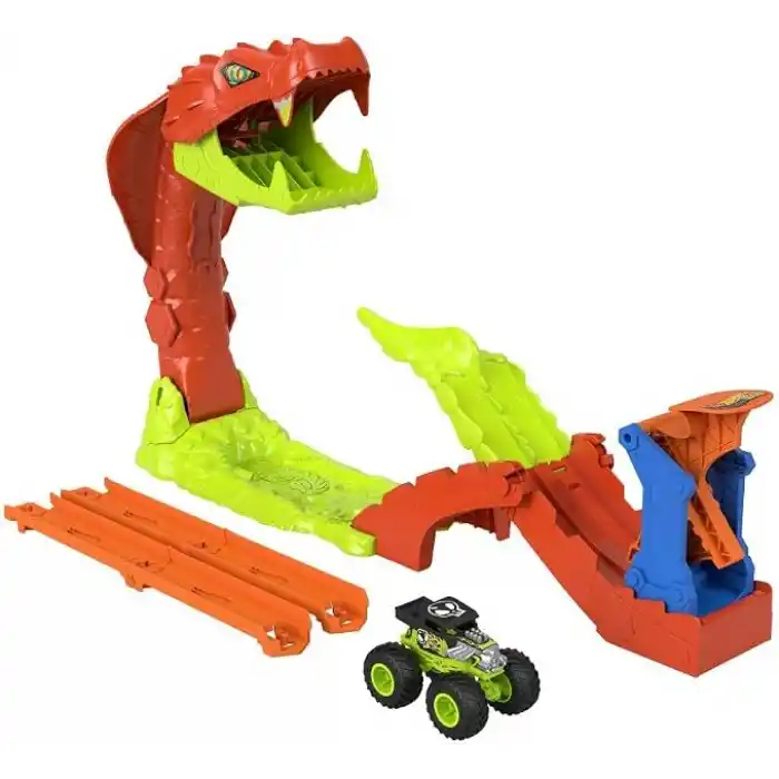 Hot WheelsMonster Trucks Snake Bite Güç Darbesi Oyun Seti, 1:64 ölçekli özel Bone Shaker ve pist, JJN44