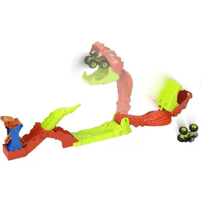 Hot WheelsMonster Trucks Snake Bite Güç Darbesi Oyun Seti, 1:64 ölçekli özel Bone Shaker ve pist, JJN44