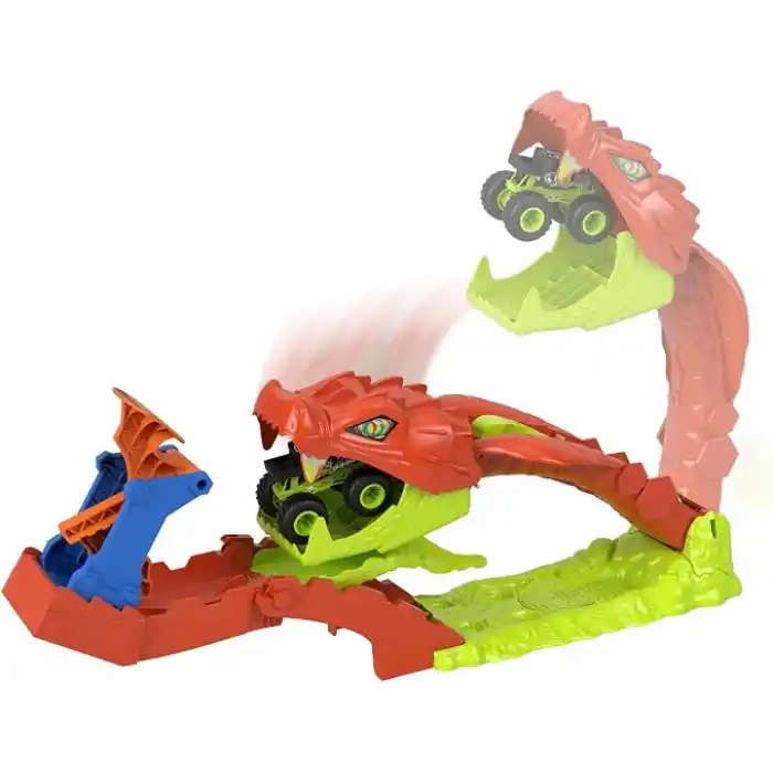 Hot WheelsMonster Trucks Snake Bite Güç Darbesi Oyun Seti, 1:64 ölçekli özel Bone Shaker ve pist, JJN44