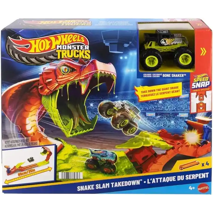 Hot WheelsMonster Trucks Snake Bite Güç Darbesi Oyun Seti, 1:64 ölçekli özel Bone Shaker ve pist, JJN44