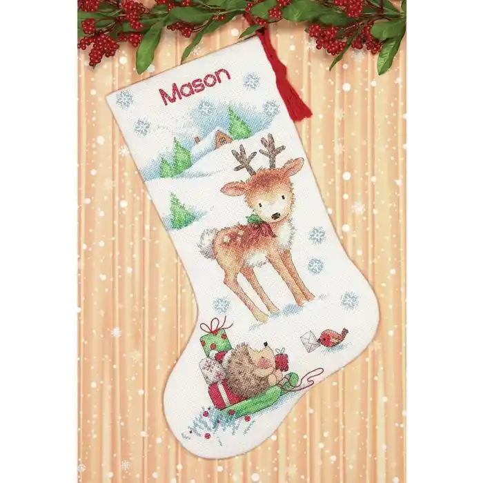 Dimensions Kanaviçe Ren Geyiği ve Kirpi Kişiselleştirilmiş Noel Çorap Seti, Beyaz 14 Adet Aida, 40 cm