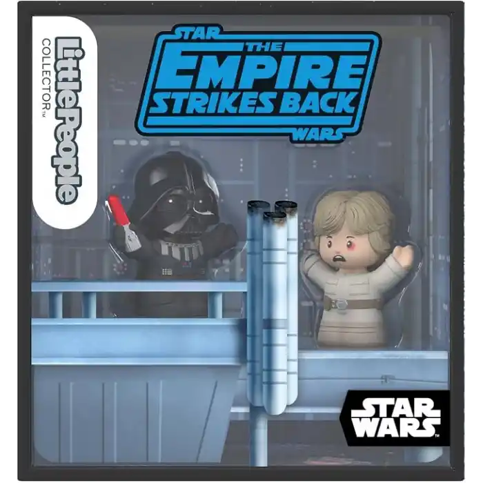 Hayranlar için özel Little People Collector STAR WARS: I Am Your Father seti, sergileme kutusunda Darth Vader ve Luke Skywalker figürleri, JFW74