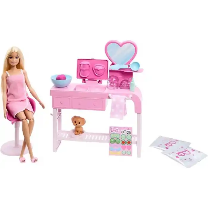 Hamur maskeler yapmak için 3 toz paketi, spa mobilyası, yavru köpek ve çıkartma sayfası dahil 10dan fazla aksesuar ve 1 bebek içeren Barbie Yüz Maskesi Oyun Seti, HYV31