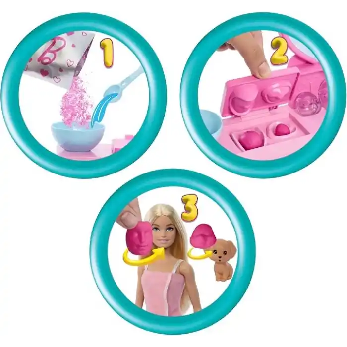 Hamur maskeler yapmak için 3 toz paketi, spa mobilyası, yavru köpek ve çıkartma sayfası dahil 10dan fazla aksesuar ve 1 bebek içeren Barbie Yüz Maskesi Oyun Seti, HYV31