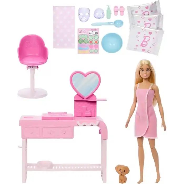 Hamur maskeler yapmak için 3 toz paketi, spa mobilyası, yavru köpek ve çıkartma sayfası dahil 10dan fazla aksesuar ve 1 bebek içeren Barbie Yüz Maskesi Oyun Seti, HYV31