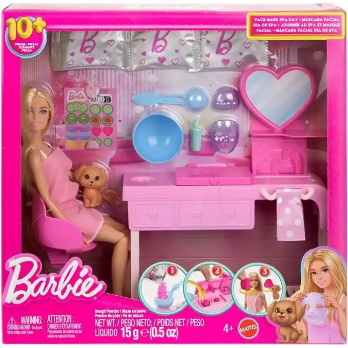 Hamur maskeler yapmak için 3 toz paketi, spa mobilyası, yavru köpek ve çıkartma sayfası dahil 10dan fazla aksesuar ve 1 bebek içeren Barbie Yüz Maskesi Oyun Seti, HYV31