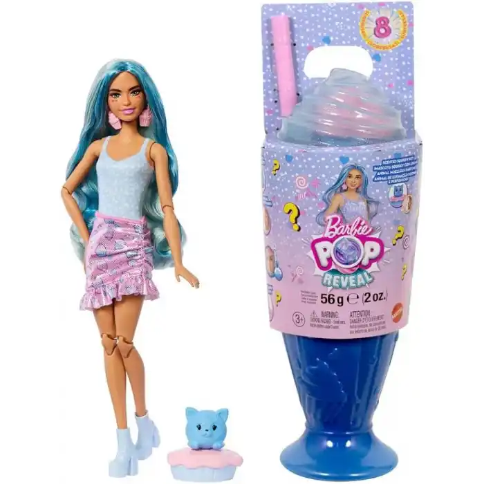 Barbie Pop Reveal Serisi bebek ve aksesuar seti, Atıştırmalık Serisi, Kapkek Düşkünü Havalı Kız ve evcil hayvanı, renk değişimi dahil 8 sürpriz, JFY61