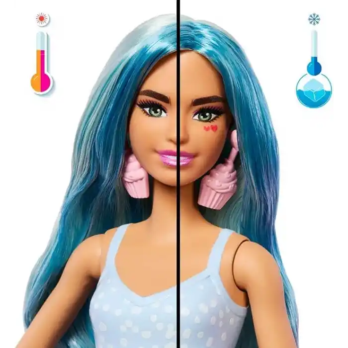 Barbie Pop Reveal Serisi bebek ve aksesuar seti, Atıştırmalık Serisi, Kapkek Düşkünü Havalı Kız ve evcil hayvanı, renk değişimi dahil 8 sürpriz, JFY61