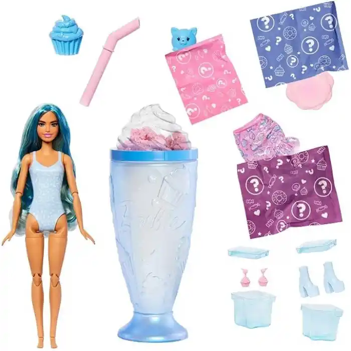 Barbie Pop Reveal Serisi bebek ve aksesuar seti, Atıştırmalık Serisi, Kapkek Düşkünü Havalı Kız ve evcil hayvanı, renk değişimi dahil 8 sürpriz, JFY61
