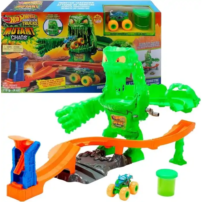 Hot Wheels Monster Trucks Mutant Canavarla Mücadele oyun seti, 1:64 ölçekli Mutant Rhinomite oyuncak kamyon ve 110 gram yeniden kullanılabilir Slime, JMK90