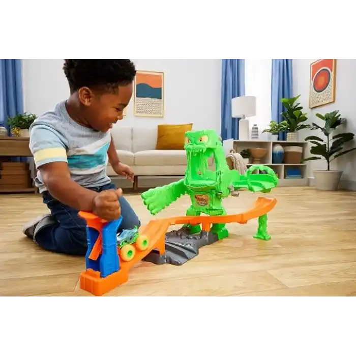 Hot Wheels Monster Trucks Mutant Canavarla Mücadele oyun seti, 1:64 ölçekli Mutant Rhinomite oyuncak kamyon ve 110 gram yeniden kullanılabilir Slime, JMK90