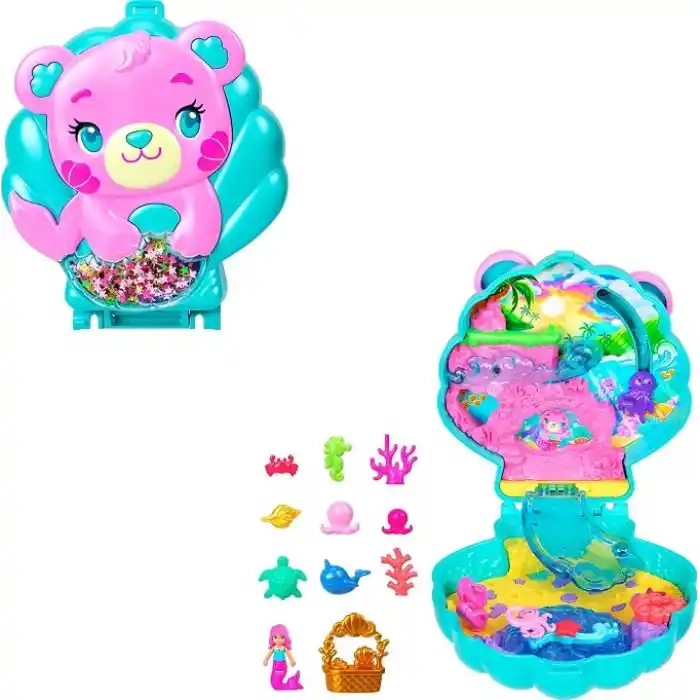 Polly Pocket bebekler ve oyun seti, Işıltılı Ada taşınabilir mini oyun seti, 1 mikro deniz kızı bebek, okyanus canlıları ve temaya uygun aksesuarlar, JCB16