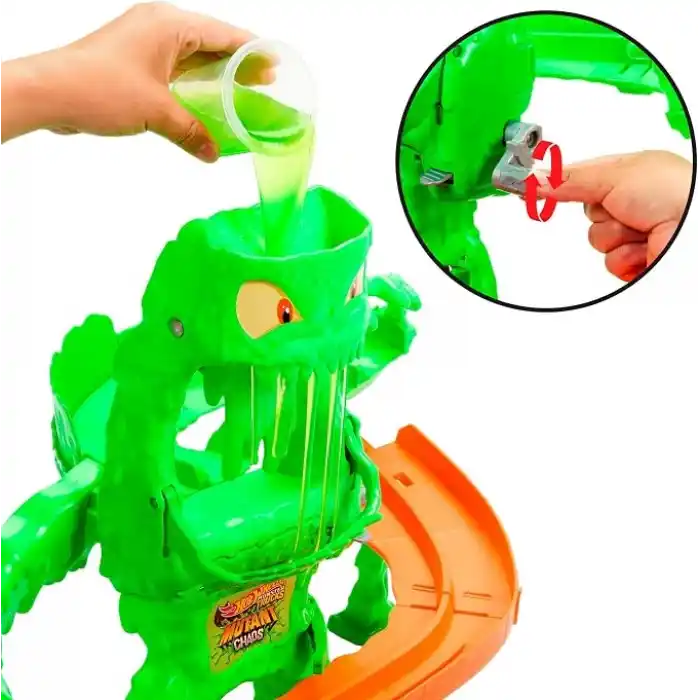 Hot Wheels Monster Trucks Mutant Canavarla Mücadele oyun seti, 1:64 ölçekli Mutant Rhinomite oyuncak kamyon ve 110 gram yeniden kullanılabilir Slime, JMK90